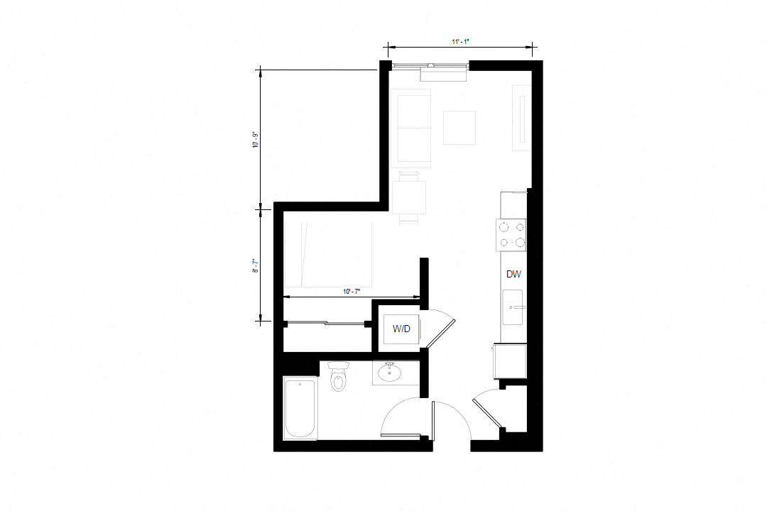 Floor plan for 1 bed, 1 bath, 501 sqft
